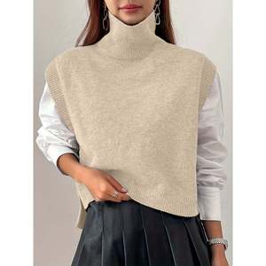 Chaleco de punto de lana con cuello simulado y abertura lateral, color albaricoque, para mujer, ropa exterior informal - Product Image 4
