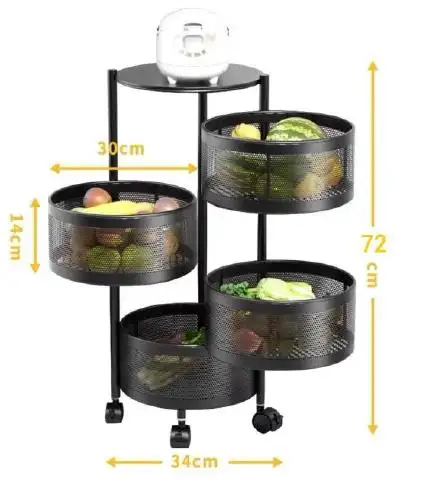 Panier de rangement rotatif à 360 degrés, étagère polyvalente à 3/4/5 niveaux, en métal, pour fruits, légumes et légumes, avec roues, accessoire de cuisine