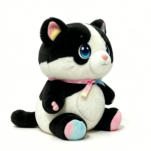 Rainbow gradient inner <b>cat</b> ears <b>plush</b>, Pastel pink & blue gradient paw pads <b>cat</b> <b>plush</b>, Soft fluffy two-tone black white kitty - Product Image 4