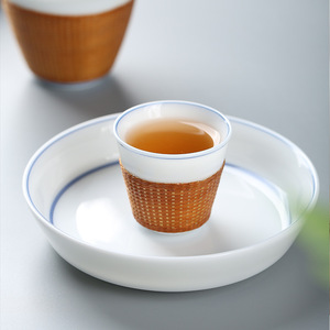 Chinese Style Bamboo Woven Porcelain Teacup And Gaiwan <b>Set</b> For Kung Fu <b>Tea</b> With Lid White Porcelain Cylinder Shape - Product Image 2