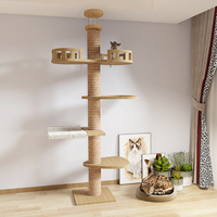 Arbre à chat moderne à cinq niveaux avec griffoir, hauteur réglable, en bois, pour sol/plafond, structure d'escalade pour chat, avec espace de jeu