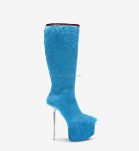 19 cm Unisex Piel cálida <span class=keywords><strong>Pelo</strong></span> largo Piel <span class=keywords><strong>Pelo</strong></span> azul Borlas <span class=keywords><strong>Plataforma</strong></span> Rodilla Bota Stiletto Tacón plateado Mujeres Pole Cavallino Boots - Product Image 1