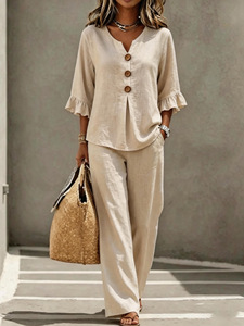 Wholesale Western Style Women 2 Piece Set V-neck Button Ruffle 3/4 Sleeve Top and <b>Pants</b> Set Private Label Tracksuit - Product Image 5