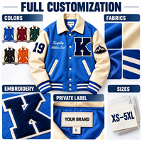 Blouson universitaire personnalisé pour homme en cuir et laine bleu roi avec logo brodé sur le devant, patch en lettres chenille, OEM ODM Marque Privée