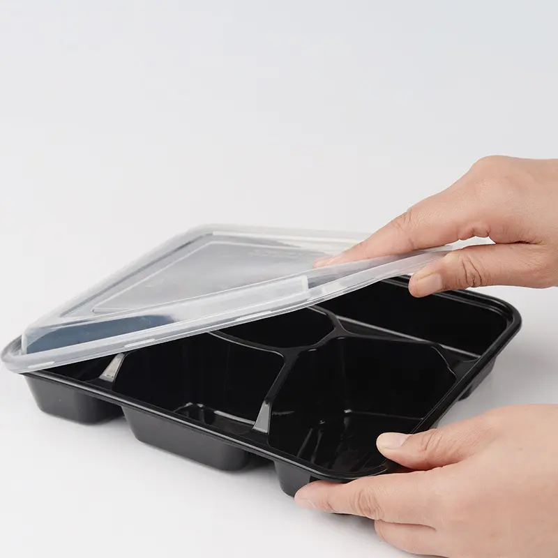 Kunden spezifische Lunchbox aus PP-Kunststoff blister mit 5 Fächern, die mit einem Deckel für Lebensmittel behälter zum Mitnehmen in der Mikrowelle beheizt werden kann