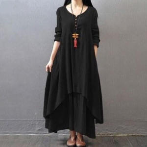 فستان نسائي كاجوال أنيق بأكمام طويلة من القطن والكتان بتصميم كوري لفصل الخريف - Product Image 3