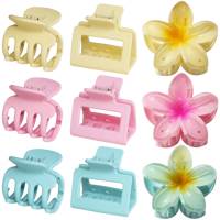 3 styles de pinces à cheveux en plastique, moyennes et petites, pour femmes et filles, 9 pièces, pour cheveux fins/épais, design carré avec fleurs de plumeria hawaïennes