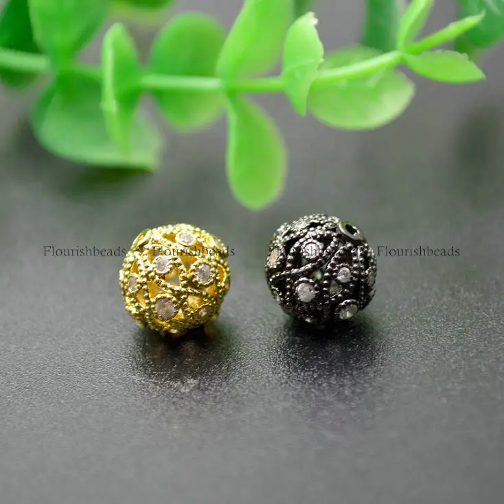11mm CZ Paved Flower Veins High Quality Metal Round Ball Beads