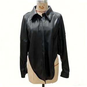 Chaqueta Camisa Extra Grande de PU para Mujer en Negro/Blanco Roto - <span class=keywords><strong>Abrigo</strong></span> Informal para el Trabajo con Dobladillo Irregular - Product Image 2