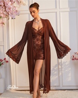 Set Lingerie Babydoll Wanita Seksi Berbahan Renda dengan Jubah Kimono Panjang, Pakaian Tidur Jala Bermotif Bunga, Pakaian Tidur Pengantin Elegan Grosir