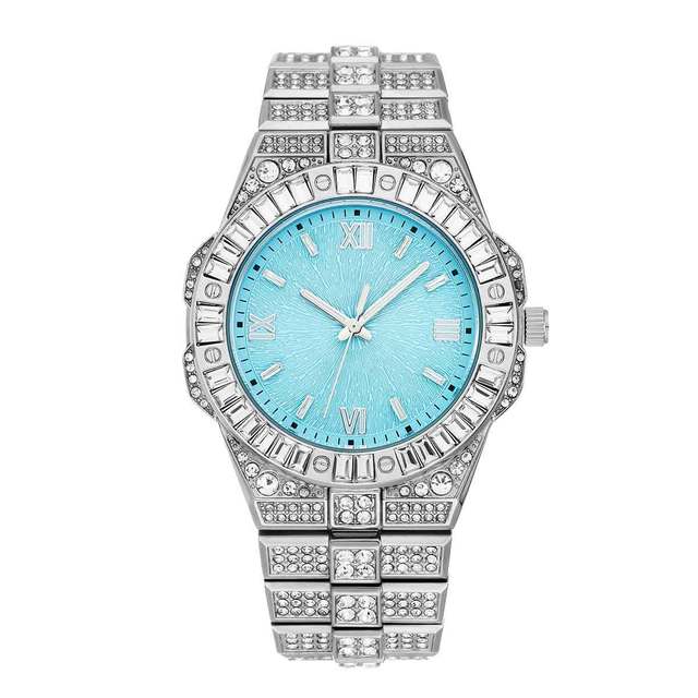 Iced Out Full Pavé Watch Crystal Bezel Roman Numerals Silver-Tone Bracelet Sunburst Dial Wristwatch for Men