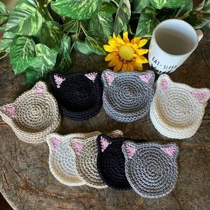 Crocheted Cat Ear Coasters Set Reusable Home Decor Coasters in White Beige Black Gray with Pink Ears Handmade Knit Pattern - Product Image 2