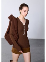 Pull Henley 100 % pure laine pour femme, col en V, bordure contrastante, tricot côtelé, coupe ajustée, manches longues, boutons sur le devant, doux et chaud