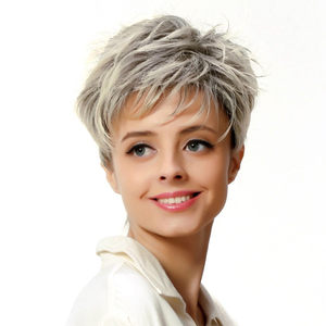 <span class=keywords><strong>Parrucca</strong></span> Europea e Americana Nuova per Donne, Capelli Corti Lisci Grigi, Accessorio per Capelli con Frangia Obliqua, Vaporosa ed Elegante, <span class=keywords><strong>Parrucca</strong></span> di Tendenza - Product Image 1