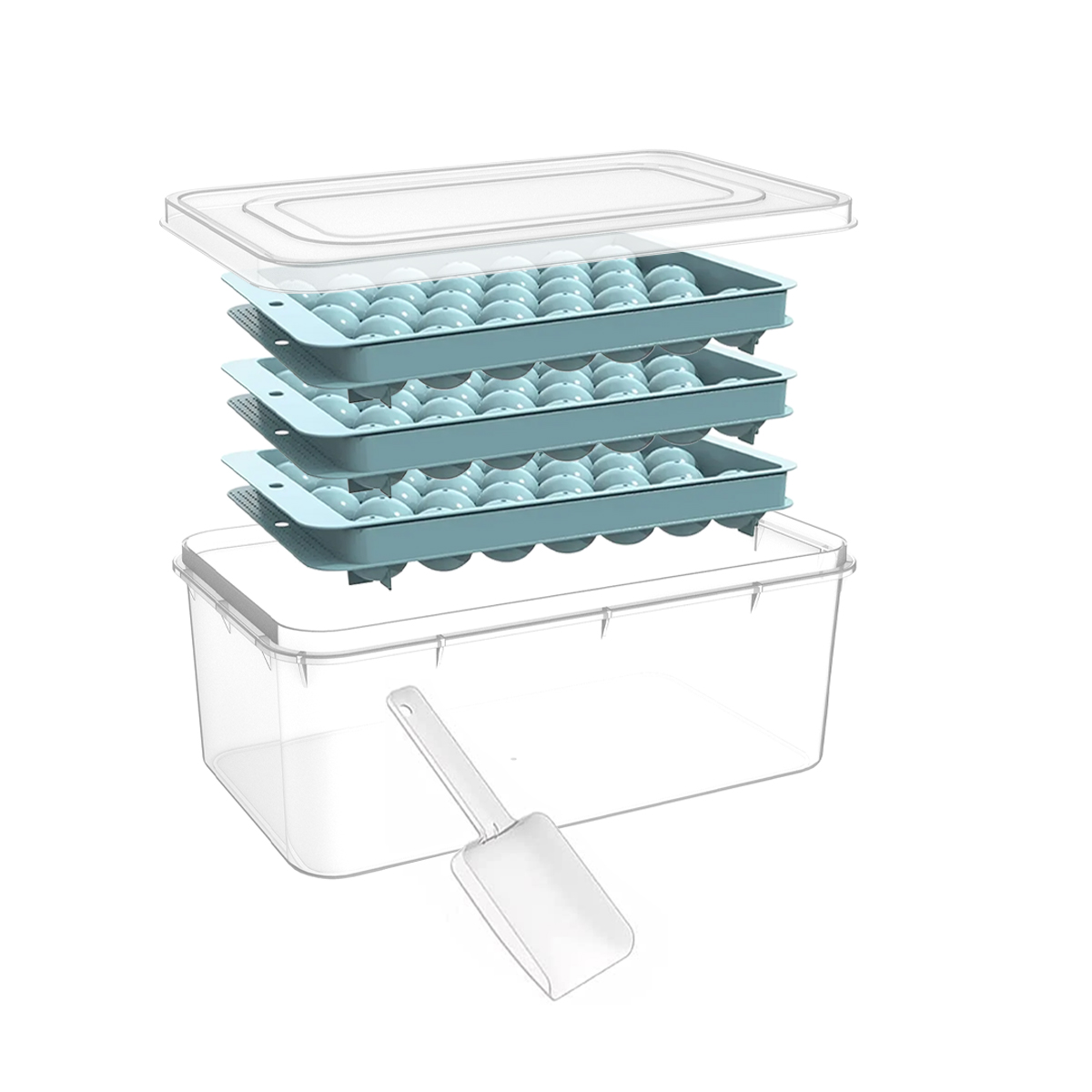 3 bacs à glaçons, 1 cuillère à glace et 1 bac