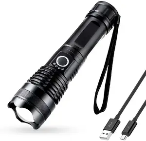 Senter Led isi ulang USB XHP 50 1000 lumen, senter taktis Super terang dapat diperbesar tahan air hitam berkemah 30