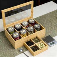Boîte à thé en bambou GL à 8 compartiments avec un design classique, organisateur de rangement rectangulaire avec couvercles et tiroirs en acrylique
