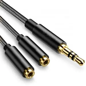 Grosir Kualitas Tinggi Berlapis Emas Nilon Dikepang 2 Perempuan 3.5Mm Ke 1 Laki-laki 3.5Mm Plug Audio Jack Kabel