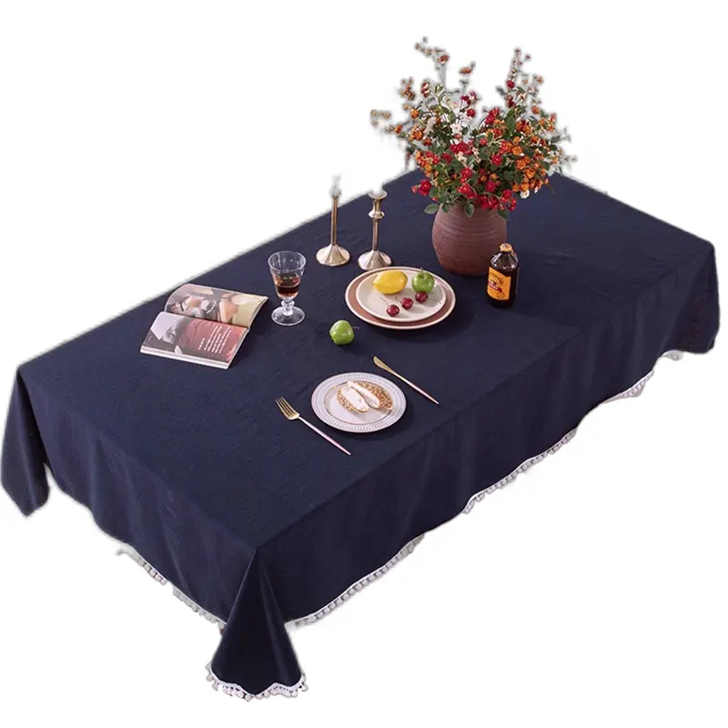 Elegant Wedding Table Linens Ball Tassel Dark Blue Dinner Tablecloths For Restaurant Customized Rectangle Banquet Table Cloth