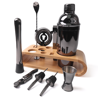 Ensemble de shaker à cocktails de luxe LATROU 750 ml en acier inoxydable avec cadre en bois, ensemble de 10 pièces pour le vin, noir, pour bar et usage domestique