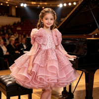 Robe mini en tulle à paillettes pour filles, avec épaules bouffantes, grand nœud et volants multicouches, idéale pour mariage, Noël, anniversaire, concours de beauté et spectacle