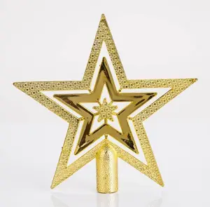20cm Plastic Shiny Red Golden Powder Glitter Christmas Tree Top Star Pentagram Christmas Decoration Ornament Home Party Supplies