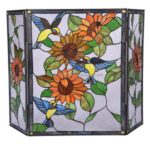 Stained Glass Fireplace <b>Screen</b> 3 Panels Sunflower Design Traditional Decor Cathedral Shape Living Room Artistic Decoration - Product Image 5