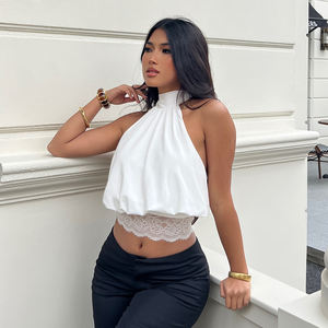 French Street Style Solid Color Elegant Halter Tie Back Lace <b>Patchwork</b> <b>Top</b> Sexy Slim Fit Casual Open Back Sleeveless Vets - Product Image 5