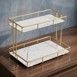 Modern Double Tier <b>Storage</b> <b>Rack</b> Rectangular Gold Metal Vanity Organizer Bathroom Countertop Shelf Makeup Cosmetic Holder - Product Image 2