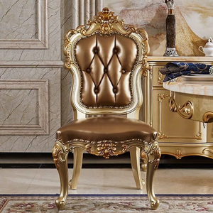 Chaises de salle à manger classiques européennes de luxe en bois massif avec accoudoirs dorés, meubles de <span class=keywords><strong>restaurant</strong></span> en bois massif et cuir véritable pour la maison - Product Image 2