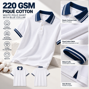 220 Grams Pique Cotton <b>White</b> <b>Polo</b> Shirt With Blue Collar Man 100 Cotton <b>Polo</b> Shirt Custom Logo <b>Golf</b> <b>Polo</b> OEM Manufacturer - Product Image 1