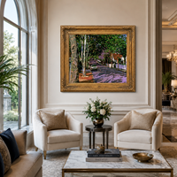 Cuadro al óleo de calle con árboles, coche vintage y paisaje suburbano, arte de pared con marco dorado para decoración de hoteles, cafeterías y salas de estar