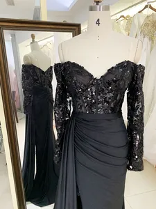 2024 New Luxurious Elegant Long Sleeves Sequin Black Off Shoulder Prom Dresses Women Evening