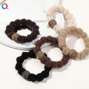 Plush Hair Tie Band com strass Rodada Bead Mulheres Titular Rabo de Cavalo Menina