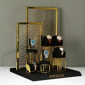 珠宝店橱柜陈列柜豪华手表手链架黑色展示架麂皮金属手表架套装