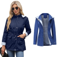 Jas Trench Wanita Kasual Warna Solid dengan Kerah Kancing, Saku Resleting, Lengan Panjang, Bahan Bernapas, dan Tudung Lepas Pasang untuk Musim Semi dan Gugur