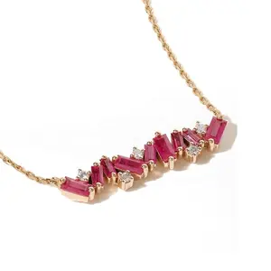 Gemnel unique design striking baguette-cut rubies and round-cut diamonds bar charm necklace