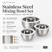 Ensemble de 3 bols mélangeurs en acier inoxydable poli écologique avec couvercles en verre - Bols à salade, ustensiles de cuisine durables pour la pâtisserie