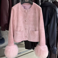 Veste en daim élégante avec poignets en fourrure, veste en daim de luxe pour femmes, vestes en daim rose