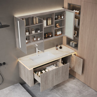 Meuble-lavabo de salle de bain moderne avec vasque en céramique, design suspendu, miroir LED intelligent anti-buée et armoire