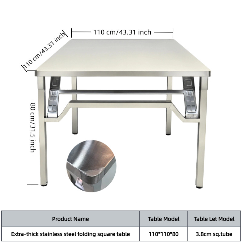 Mesa cuadrada plegable de 110x110x80 cm de grosor.