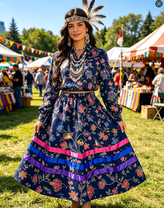 Falda Maxi de Mujer con Estampado Floral de Colibrí Estilo Vintage Canadiense, con Cintas de Colores y Volantes, Cintura Elástica, Venta al por Mayor, Ropa Casual Boho - Product Image 1