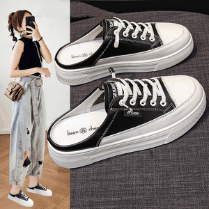 Chaussures plates décontractées polyvalentes en cuir véritable blanc pour femme, style demi-mule, nouvelle collection été 2026, à bout fermé sans talon - Product Image 2