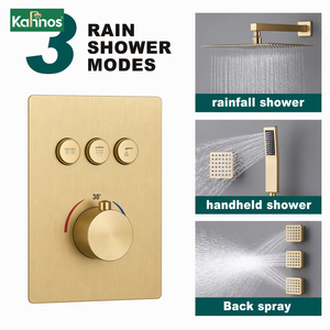Conjunto de grifería termostática empotrada de lujo para ducha, montaje en pared, cabezal de lluvia cuadrado, mezclador de latón, acabado dorado cepillado, 6 chorros de cuerpo. - Product Image 2
