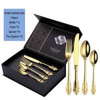 Juego de Cubiertos SANOSH Retro Royal de 24 Piezas para 6 Personas, Juego de Cubiertos Dorados con Tenedores, Cucharas y Cuchillos de Acero Inoxidable para Cocina y Hotel