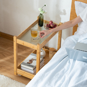 Movable Glass Side Table Bamboo Frame Bedside <b>Storage</b> <b>Cart</b> With Shelf For Bedroom Living Room Modern Minimalist Style - Product Image 1