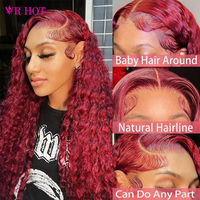 Perruques frontales en dentelle transparente 13x4 en cheveux naturels vietnamiens bouclés birmans, couleur bordeaux, sans colle, pour femmes noires