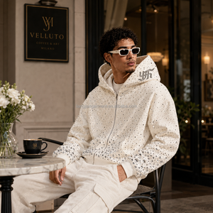 Sweat à capuche zippé surdimensionné pour homme, style streetwear, avec strass et cristaux sur toute la surface, coupe ample et épaisse, personnalisable, vente en gros - Product Image 6