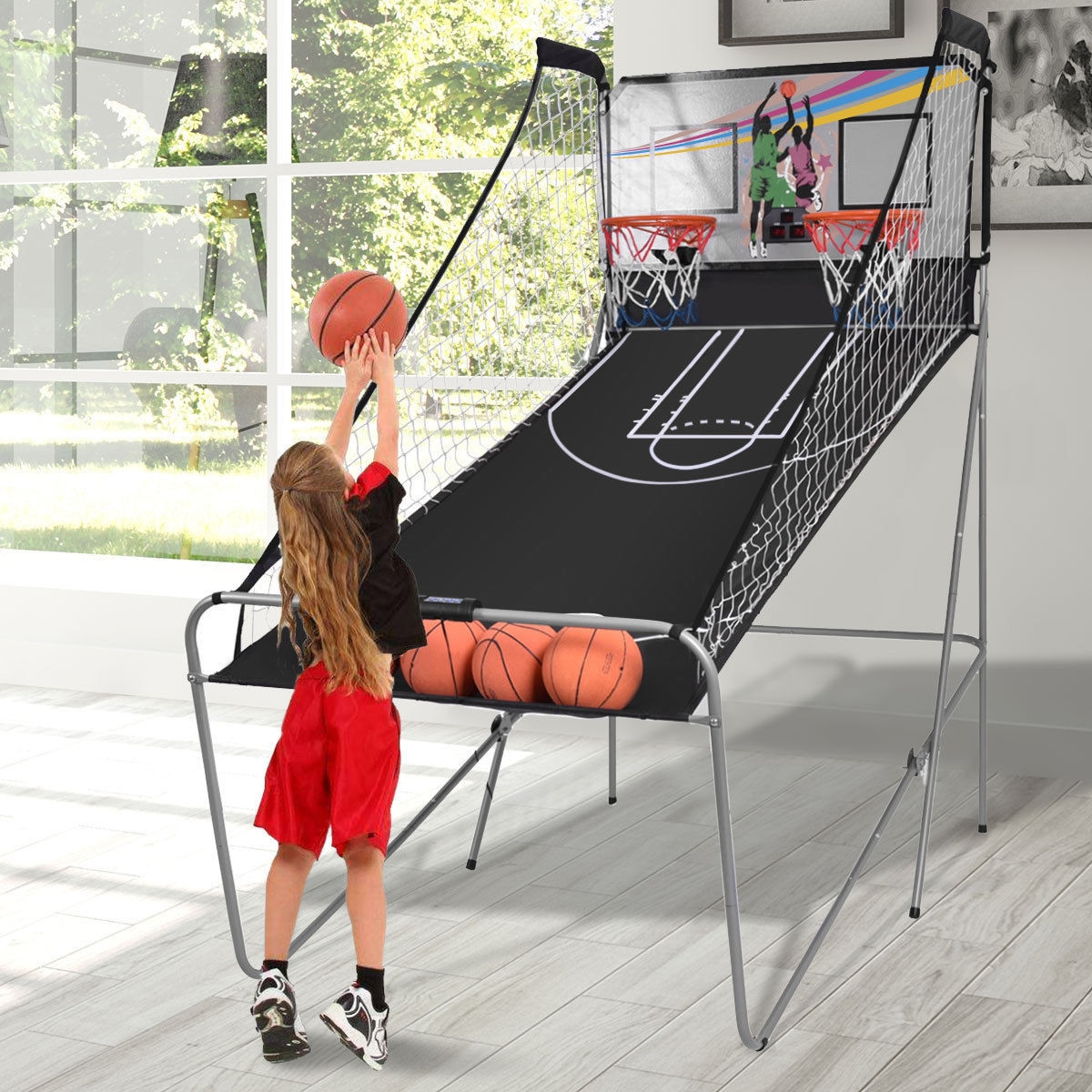 Custom Indoor Adult Children Electronic Scoring Basketball Shooting Machine Folding Double Shooting Game Black Ball Rack China