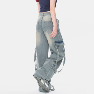 YFY jins Denim kaki lurus wanita pinggang tinggi antik kustom celana katun tertekan kasual Retro Streetwear <span class=keywords><strong>2025</strong></span> desain baru - Product Image 2